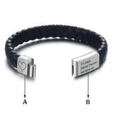 Black braided leather bracelet clasp shown from front and back with engraving