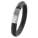 Black braided leather bracelet with engraved silver plate on white background