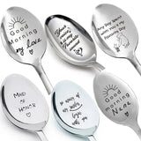 Six stainless steel spoons engraved with messages including Good Morning My Love and Maid of Honor