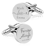Silver round cufflinks engraved with names Mark and Emma and Forever and Always with date