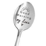 Stainless steel spoon engraved Good Morning My Love with sunrise and heart detail