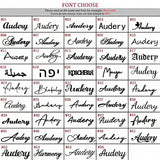 Chart showing engraving font styles available for personalised keychains, including script and block