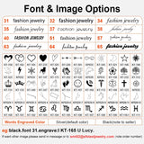 Chart of numbered font styles and icon symbols available for cufflink engraving