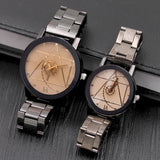 Black and silver geometric dial watches with steel link bracelets side by side