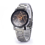 Silver steel watch with geometric dial shown at an angle on white background
