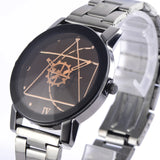 Silver geometric dial watch with steel link bracelet on white background