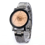 Silver watch with geometric compass line dial and steel bracelet