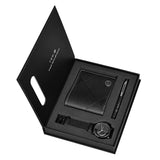 Open gift box showing black leather wallet, pen and watch with black strap