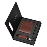 Open gift box showing brown leather wallet, pen and watch with tan strap