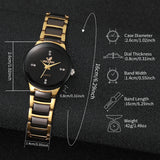 Gold and black rhinestone watch shown with case dimension and feature callouts