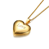 Gold heart photo locket engraved with the word Love on a fine gold chain