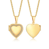 Pair of gold heart photo lockets, one floral engraved and one smooth polished