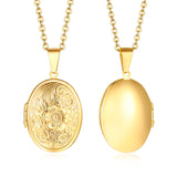 Two gold oval photo lockets side by side, one floral engraved and one plain polished
