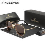 KINGSEVEN pilot sunglasses with gold frame and brown tea lenses beside black hard case