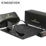 KINGSEVEN pilot sunglasses with gold frame and dark green lenses folded beside branded case