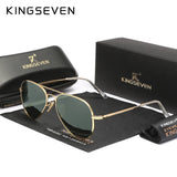 Side angle of gold aviator style sunglasses with green lenses and slim metal temples