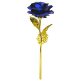 Blue gold plated rose with gold stem and leaves on white background