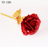 Red gold plated rose with gold stem and leaves shown front facing