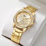 Gold women's watch with rhinestone bezel, sunray dial and steel link bracelet