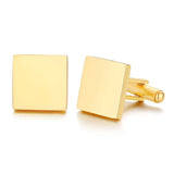 Angled pair of gold square cufflinks showing bright polished finish and swivel backs