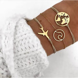 Gold bracelet stack with world map disc charm and fine chains on a knitted sleeve