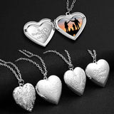 Silver heart lockets on chains shown open with photo inserts and closed