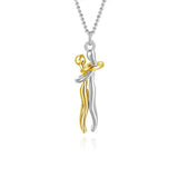 Silver chain necklace with gold hugging couple 3D pendant
