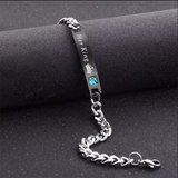 Steel curb chain bracelet with rose gold bar showing lobster clasp and extender chain