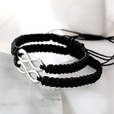 Matching black braided rope bracelets with silver infinity charms