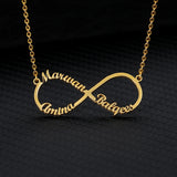 Gold infinity pendant necklace with two custom names and no heart accent
