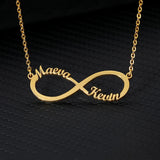 Gold infinity pendant necklace with two custom names and no heart accent