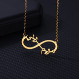 Gold infinity pendant necklace with two custom names and no heart accent