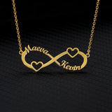 Gold infinity pendant necklace with two custom names and a heart accent