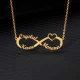 Gold infinity pendant necklace with two custom names and heart accents