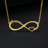 Gold infinity pendant necklace with two custom names and a heart accent