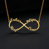 Gold infinity pendant necklace with two custom names and a heart accent