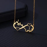 Gold pendant necklace with a unique silhouette charm design and custom name accent