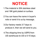 Notice card detailing 18K gold plated stainless steel material and custom name ordering instructions