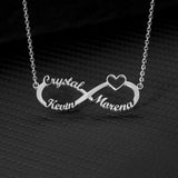 Silver infinity pendant necklace with two custom names and a heart accent