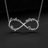 Silver infinity pendant necklace with two custom names and no heart accent