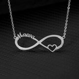 Silver infinity pendant necklace with two custom names and no heart accent