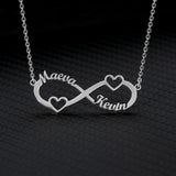 Silver infinity pendant necklace with two custom names and no heart accent