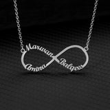 Silver infinity pendant necklace with two custom names and no heart accent