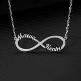 Silver infinity pendant necklace with two custom names and heart accents