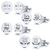 Round silver cufflinks engraved with initials, monograms and short wedding messages