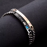 Stainless steel curb chain bracelet with engraved rose gold ID bar and small crystal setting