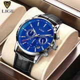 LIGE blue dial chronograph watch with silver case and brown leather strap in gift box