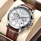 LIGE white dial chronograph watch with sub-dials, date window and brown leather strap in box