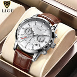 White dial LIGE chronograph with silver case and brown strap displayed in a watch box