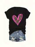 Black t-shirt back view with pink heart and leopard accent displayed flat